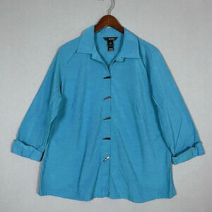 Ali Miles Button Up Shirt Tunic Top Womens Size Large L 3/4 Sleeve Blue Artsy